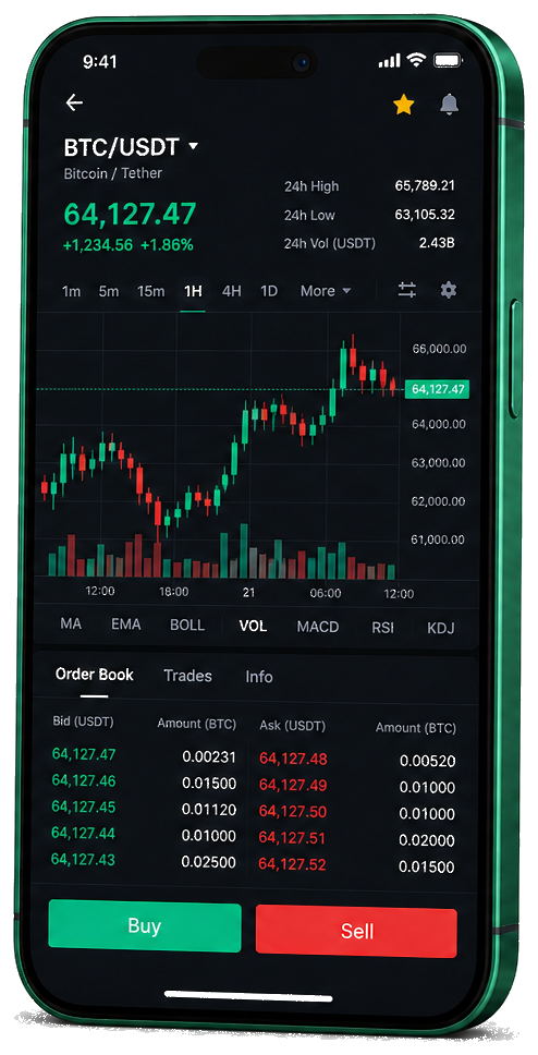 Steelrendvane mobile trading screen showing a live BTC/USDT chart, order book, and buy and sell controls